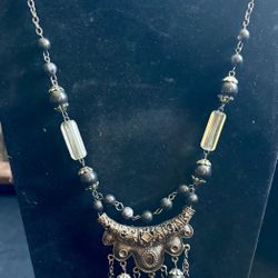 Bohemian Style Necklace – Ornate Metal Pendant, Glass Beads & Chain Fringe