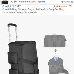 Brand Rolling Garment Bag with Wheels - Carry On Size, Detachable Trolley