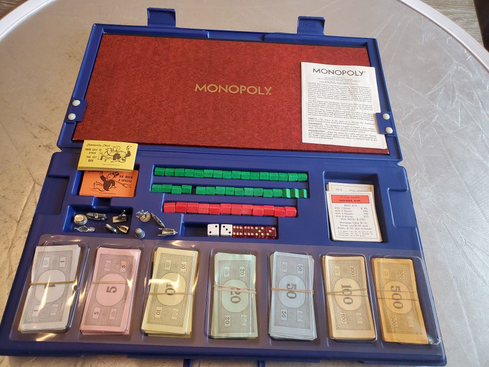 Rare Vintage 1973 MONOPOLY Game with Blue Hard Plastic Travel Case. Great for any toy or board game collector