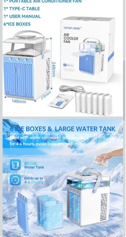 Portable Air Conditioner: 5-in-1 Mini Air Conditioner with App Control 800ML Water Tank Evaporative Potable Air Cooler USB Rechargeable Night Light fo