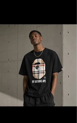 BAPE A Bathing Ape Check by Bathing Tee - Black T-Shirt with Iconic Ape Head Design and Plaid P