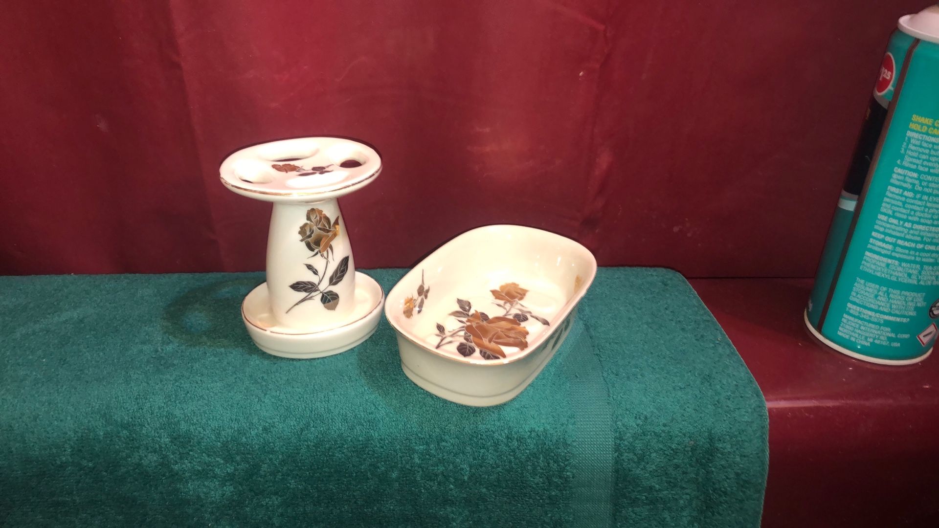 Vintage RARE Gold & Platinum Roses Soap Dish & Toothbrush Stand Available Read Description