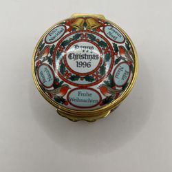 1996- Happy Christmas - Halycon Days enamel trinket box- multiple languages