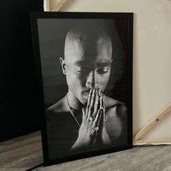 Large 34” × 22.375” Framed Tupac Shakur 2Pac Poster – Iconic Black & White Prayer Pose