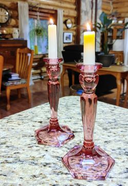 Pair Of Fenton Pink Rose Candlesticks