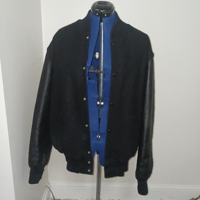 Vtg Holloway Jacket Varsity Letterman Genuine Leather Wool Blend Mens Black XL
