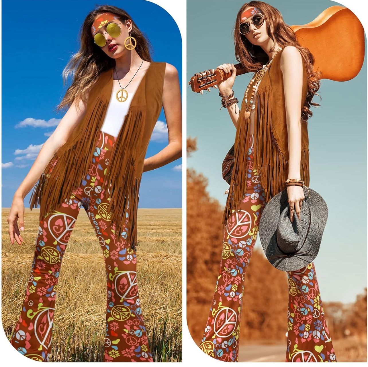 Women XL 60s 70s Disco Hippie Outfits for Women Halloween Costume Set Boho Flared Pants Fringe Vest Peace Sign.