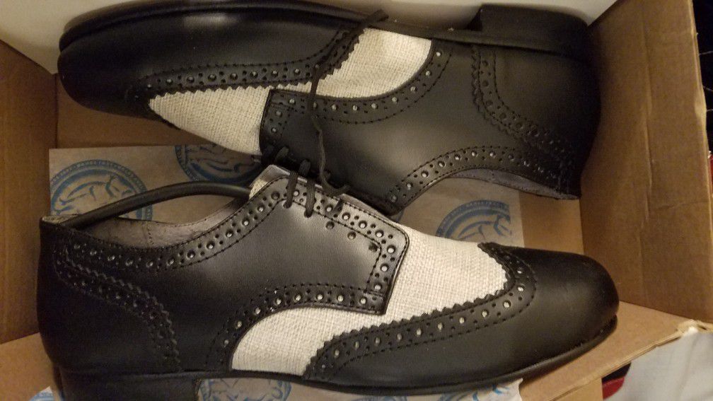 Aris Allen Men's Swing Era Black Leather & Ecru Linen Wingtip Dance Shoe