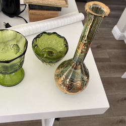 Set Of Green Glass Dishes