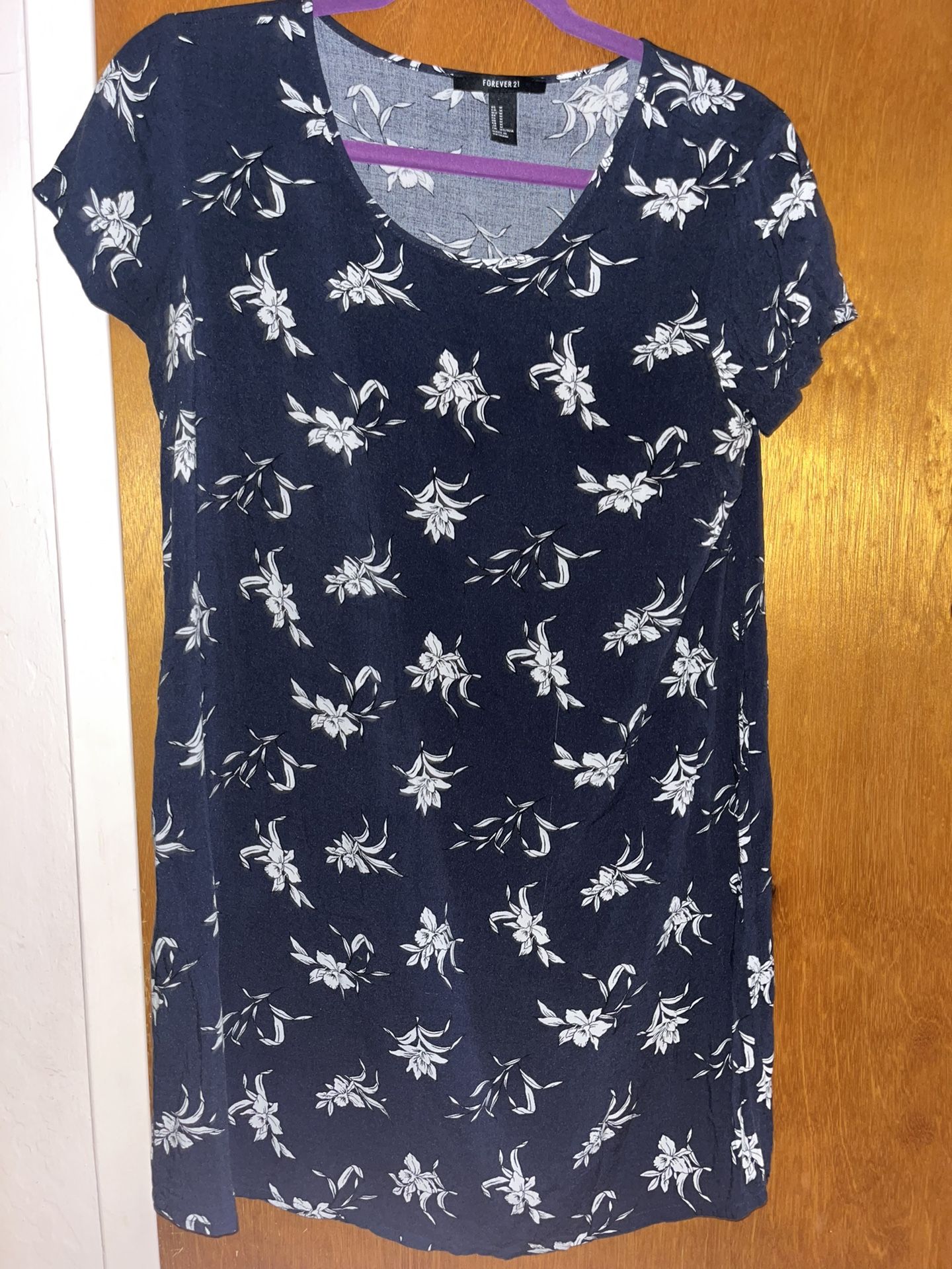 Short sleeve flower print navy dress