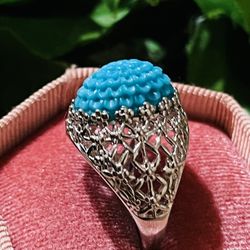 Hand-Carved Turquoise Ring,Gemstone Flowers Ring,Adjustable