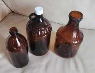 Vintage Amber Glass Bleach 3 Bottles – Purex, Clorox & White Magic Set home decor storage