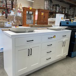 Hepburn 72in. Double Sink Freestanding Bathroom Vanity in White  w/ Pure White Quartz Top