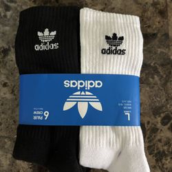 Adidas Crew Socks 6 Pack White/Black Logo Men 8-12 Women 10-13 Footcare New