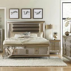 Elegant Silver Bedroom Ensemble with Geometric Mirrored Accents and Plush Upholstery