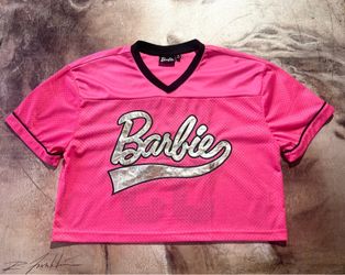 BARBIE MATTEL FOOTBALL JERSEY MESH CROP TOP HOT PINK Silver MALIBU #59 Medium