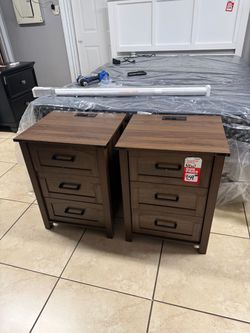 Pair of Brown 3-Drawer Nightstands with Power Outlet