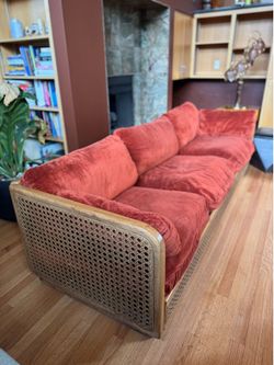 Vintage Velvet/Cane/Wood Sofa Set