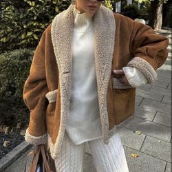 Lapel Coat With Pockets Loose Suede Short Top Women's