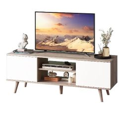 TV Stand for 55 60 inch TV, Boho Entertainment Center with Storage Cabinets, TV Console for Living Room Decor, Greige White