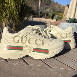 Gucci Rhyton Logo Leather Sneakers White Green Red Stripe Authentic