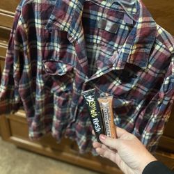 Zombie make up and plaid shredded/cut top  Size L button down 