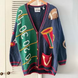 Vintage 90s Marisa Christina Classics Hand Knitted Football Cardigan Sweater Sz XL