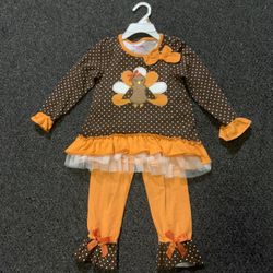 Nannette Kids girls size 3T artsy embroidered turkey Thanksgiving tunic shirt and leggings outfit 