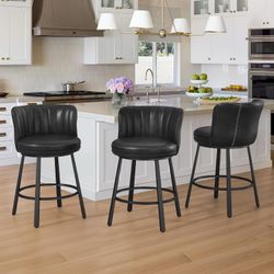 Set of 3 Swivel Leather Bar Stools, 26" Counter Height Barstools, Upholstered Bar Chairs, Black