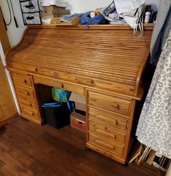 Light Brown Roll-Top Wood Desk with Multiple Drawers