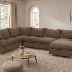 Arhaus Brown Sectional Sofa – Mid Century Modern L-Shaped Couch – Large Designer Sectional w/ Chaise