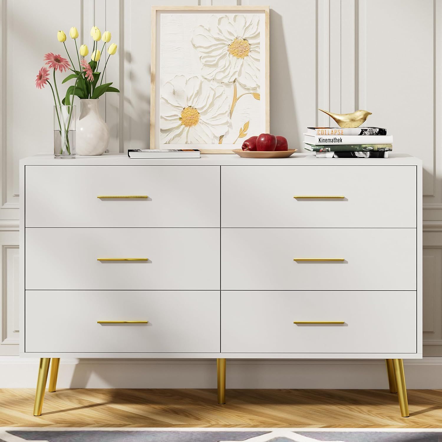 White 6 Drawer Dresser for Bedroom with Gold Handles, Modern Chest of Drawers, Wooden Dressers Organizer for TV Stand,Living Room, Hallway, Entryway