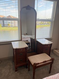 Antique Oak Vanity with Marble Top and Stool