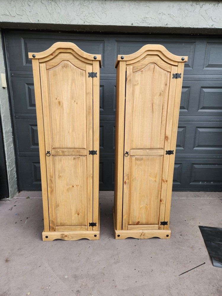 Two Pine Wardrobe Cabinet modified to have shelves
69.5"T X 22"W X18"Deep
Each $215
