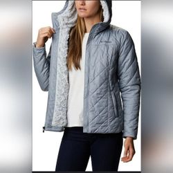 Columbia Copper Crest Quilted Puffer Fleece Hooded Gray Jacket Large