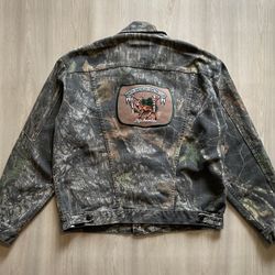 Vintage Wrangler x Mossy Oak Denim Trucker Jacket Hunting Club Life Member  Sz L 