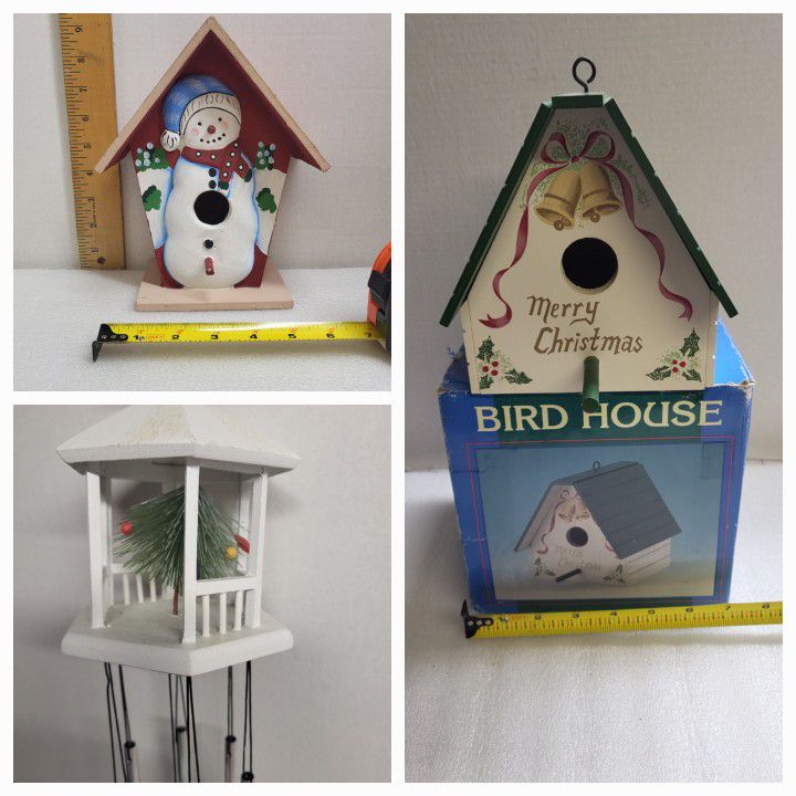 Two Christmas birdhouses and a wind chime