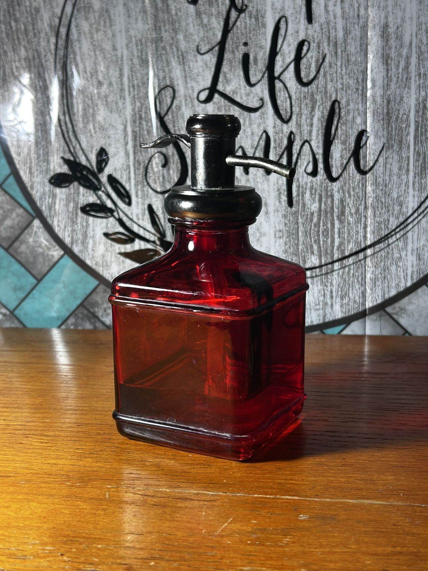 Red Glass Soap Dispenser With Bronze Pump