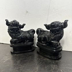 Pair of Chinese Black Marble Foo Dogs Carved Late Qing Dynasty Early Republic