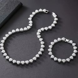 2-Pcs Iced Out Paved 14K White Gold Plated Cubic Zirconia Heart Shaped Tennis Necklace & Bracelet Set 