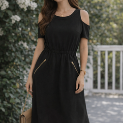 Speed Control Black Cold Shoulder Dress – Size L – Chic Zipper Detail