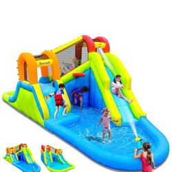 Inflatable Water Slide with Air Blower, Kids Backyard Water Park, Inflatable Water Slide with 2 Slides, 2 Climbing Walls, Basketball Hoop, Water Canno