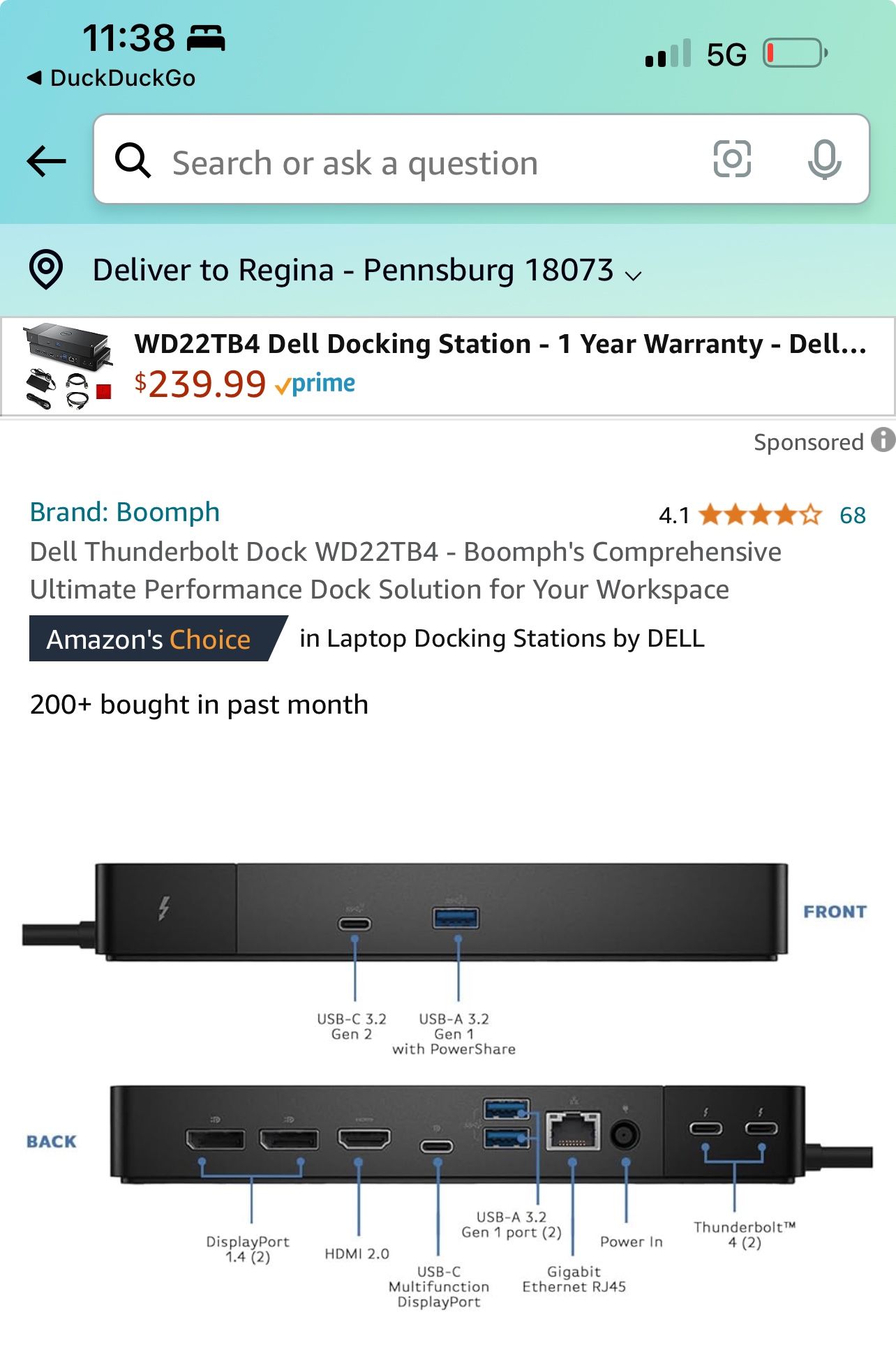 Dell Docking Station. WD22TB4.