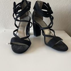 Worthington, Women’s Alexi Black Zip Open Toe Strappy Block Heels, Size 7.5