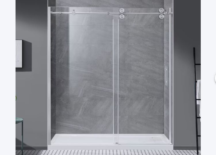 NEW! OVE 72″ Frameless Glass Sliding Shower Door, Satin Nickel Finish