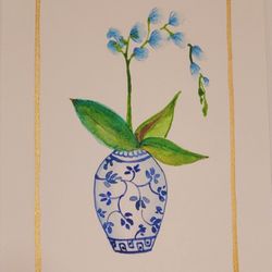 4"x6" Watercolor Painting of Orchid  in a Blue Vase