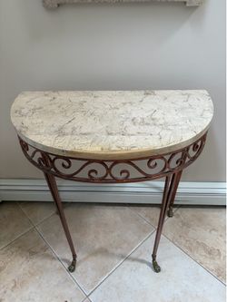 Vintage Demilune Console Table – Wrought Iron Scroll Base