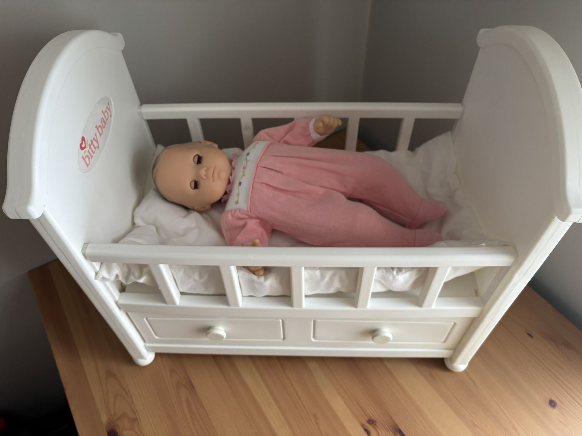 American Girl Doll Bitty Baby Baby Doll Crib Bed With Storage Drawer W/ Bitty Baby Doll