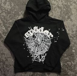 Sp5der Hoodie Black With White Graphic Large Hoodie