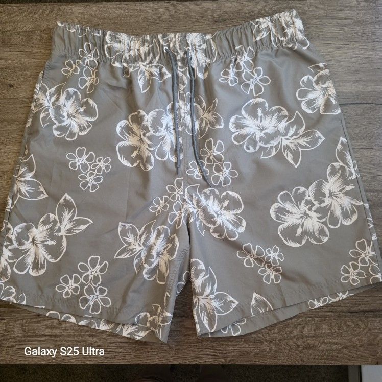 KingSize KS Island Swim Trunks Size 2XL Big Hibiscus Pattern Gray & White